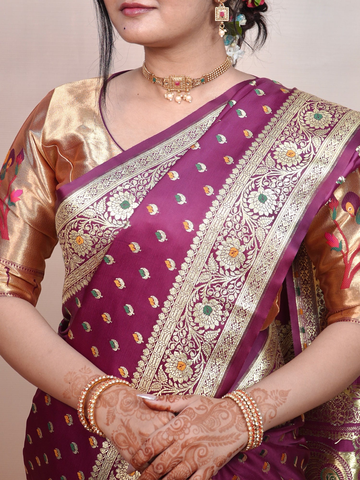 Waah Banaras 174A: Deep Wine Satin Banarasi Silk Saree with Meenakari Booti