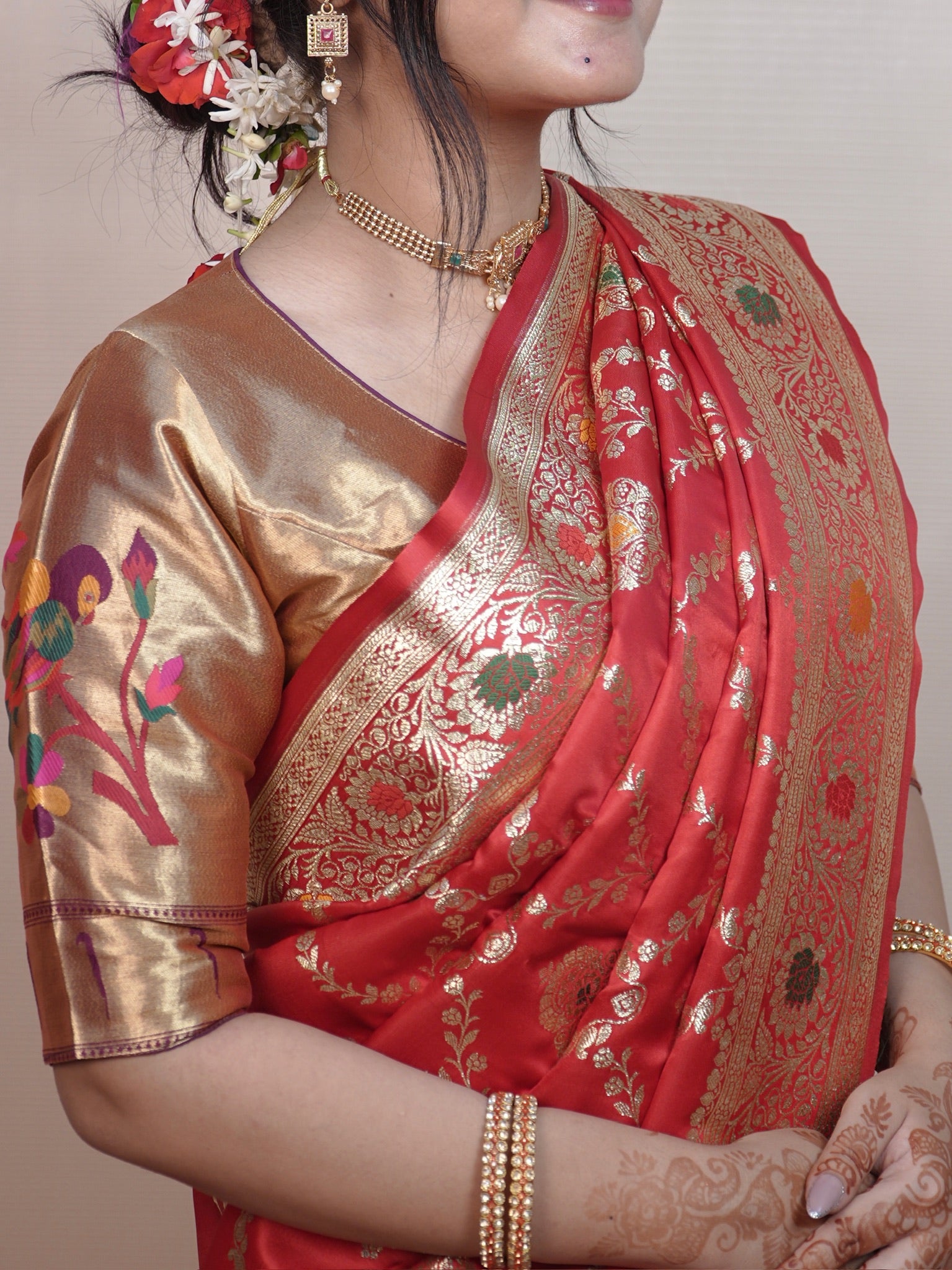 Waah Banaras 171: Bridal Red Satin Banarasi Silk Saree with Meenakari Booti