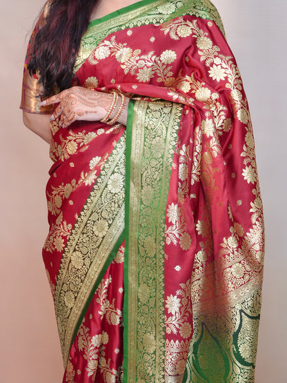 Waah Banaras 169: Maroon &amp; Green Satin Banarasi Silk Saree with Contrast Floral Palla