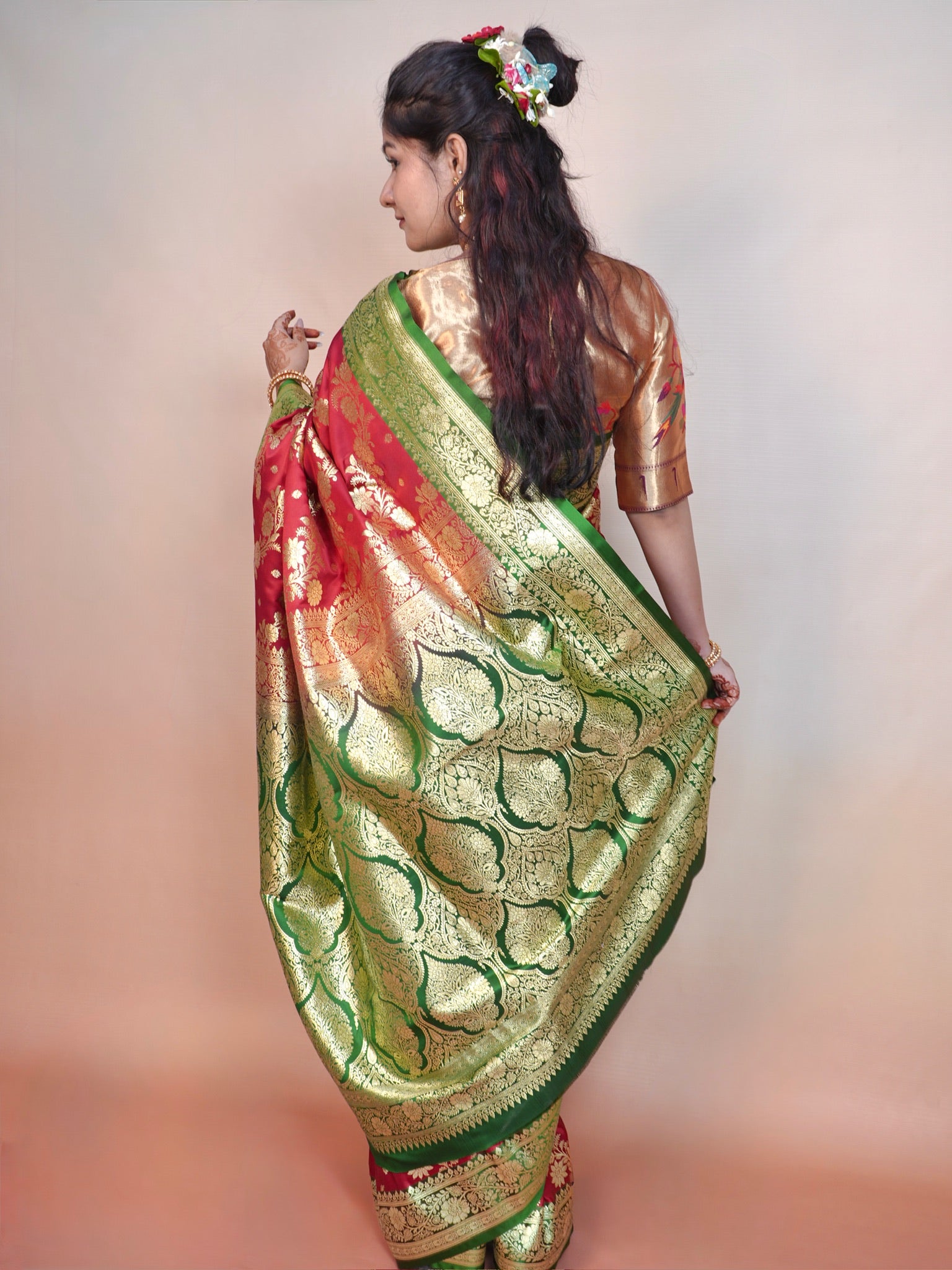 Waah Banaras 169: Maroon &amp; Green Satin Banarasi Silk Saree with Contrast Floral Palla