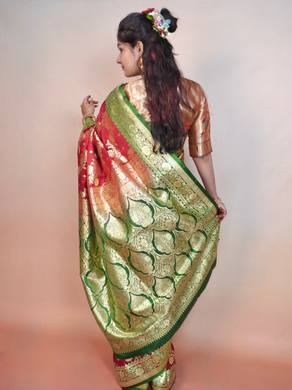 Waah Banaras 169: Maroon &amp; Green Satin Banarasi Silk Saree with Contrast Floral Palla