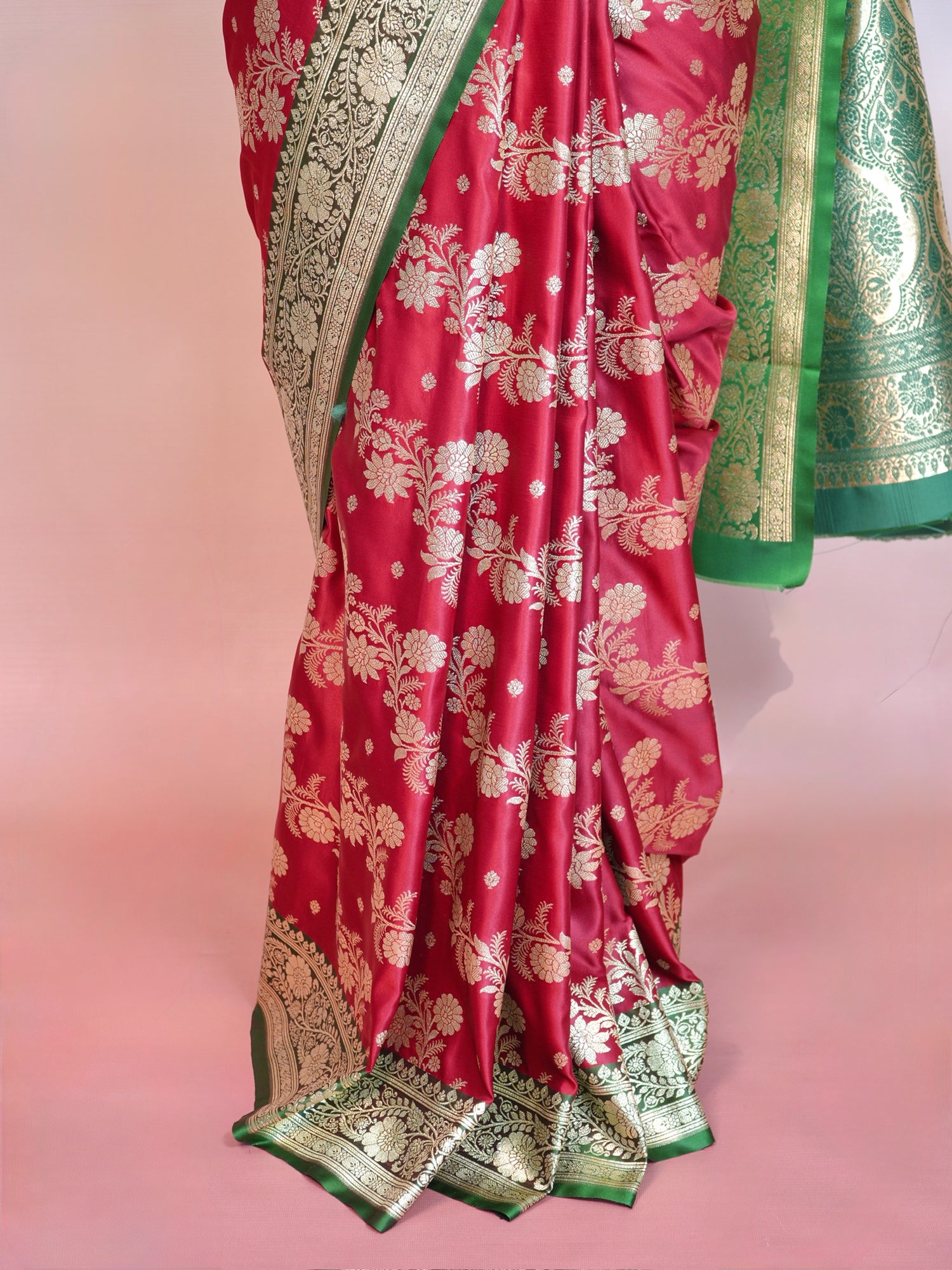 Waah Banaras 169: Maroon &amp; Green Satin Banarasi Silk Saree with Contrast Floral Palla