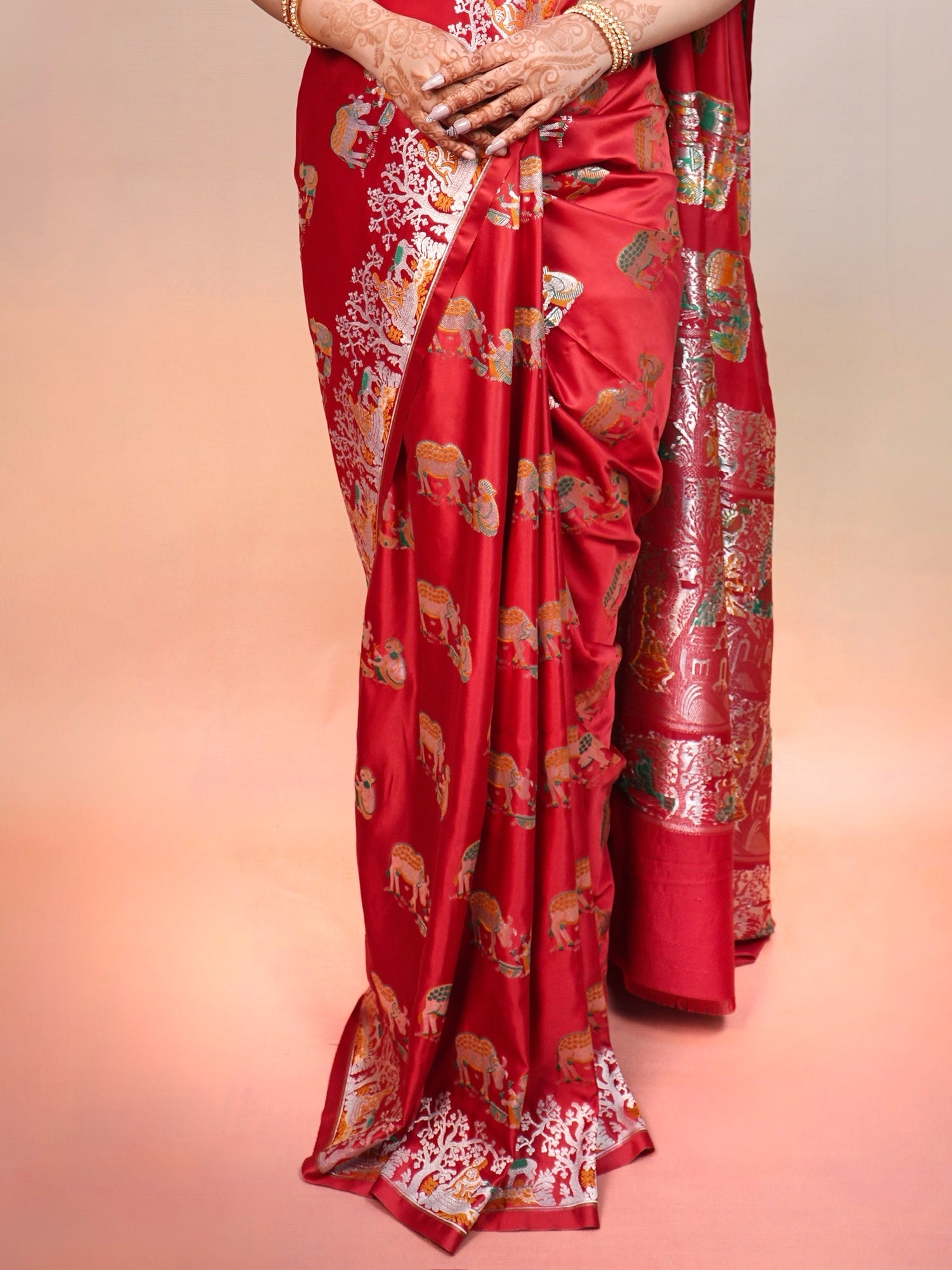 Waah Banaras 172: Crimson Red Satin Banarasi Silk Saree with Meenakari Booti