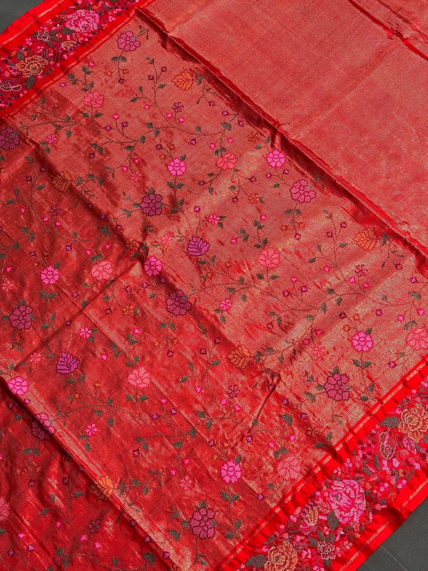 Founder Choice 059: Surkh Laal Pure Kanjivaram Silk Saree with Cross Stitch Handwork | Silk Mark Certified