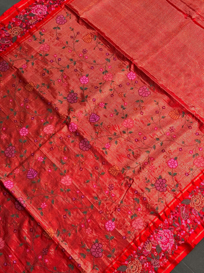 Founder Choice 059: Surkh Laal Pure Kanjivaram Silk Saree with Cross Stitch Handwork | Silk Mark Certified