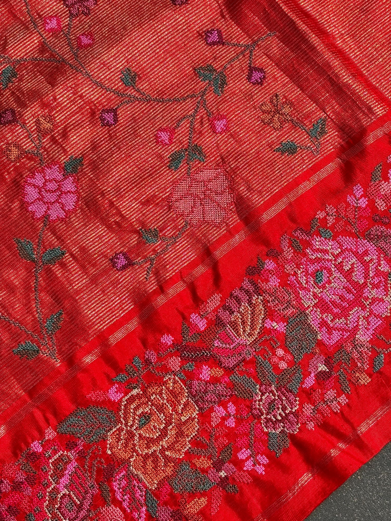 Founder Choice 059: Surkh Laal Pure Kanjivaram Silk Saree with Cross Stitch Handwork | Silk Mark Certified