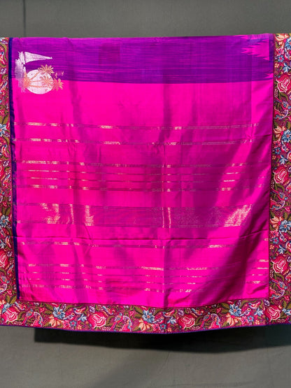 Founder Choice 058: Founder Choice 058: Magenta &amp; Violet Pure Kanjivaram Silk Saree with Multi Cross Stitch Border | Silk Mark Certified