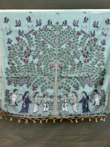 Utsav Banaras 070: Powder Blue Jamdani Saree with Tree of Life &amp; Tribal Narrative Weave