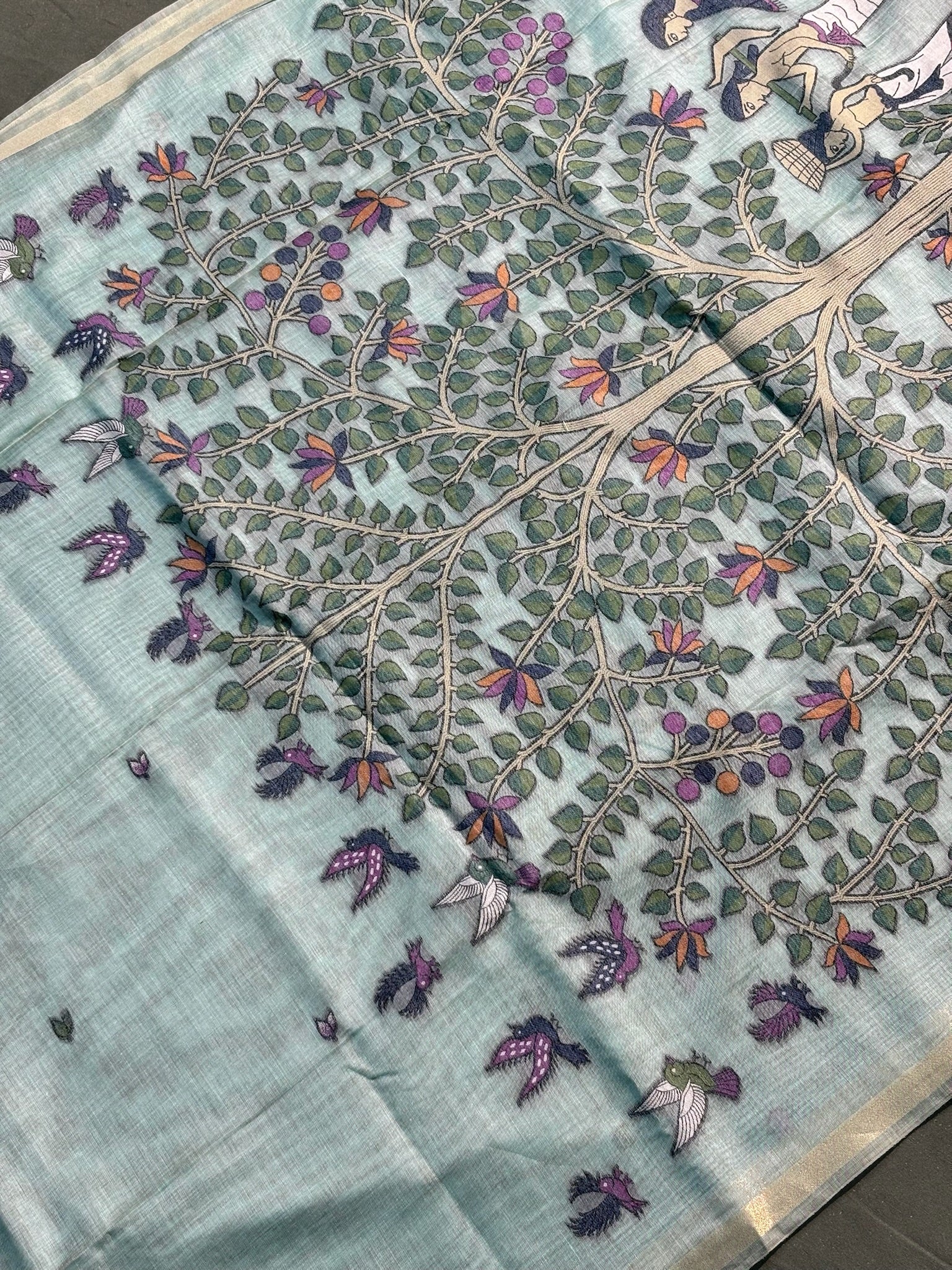 Utsav Banaras 070: Powder Blue Jamdani Saree with Tree of Life &amp; Tribal Narrative Weave