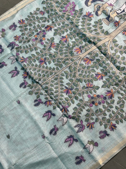 Utsav Banaras 070: Powder Blue Jamdani Saree with Tree of Life &amp; Tribal Narrative Weave