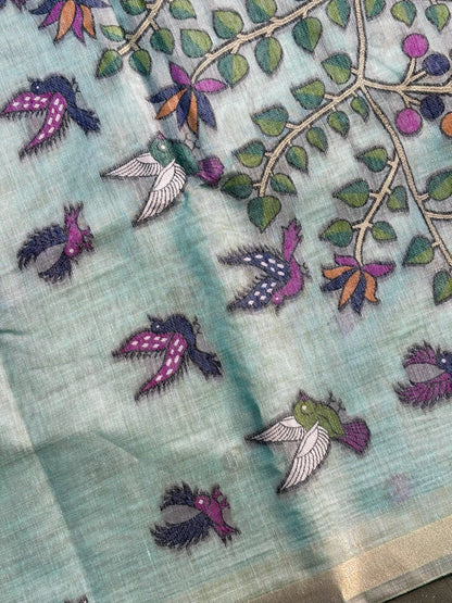 Utsav Banaras 070: Powder Blue Jamdani Saree with Tree of Life &amp; Tribal Narrative Weave