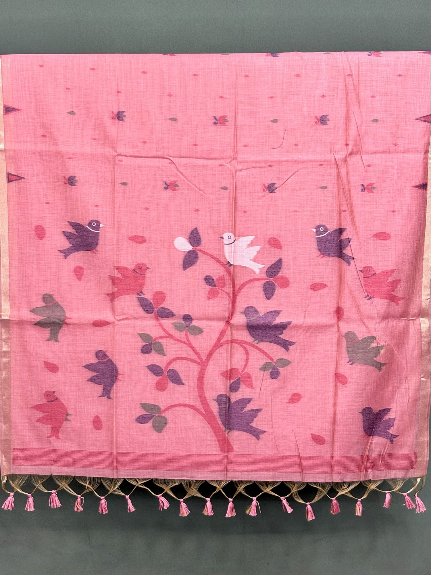 Utsav Banaras 068: Dusty Peach Jamdani Saree with Artistic Bird &amp; Floral Weave