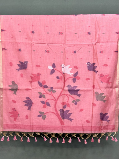 Utsav Banaras 068: Dusty Peach Jamdani Saree with Artistic Bird &amp; Floral Weave