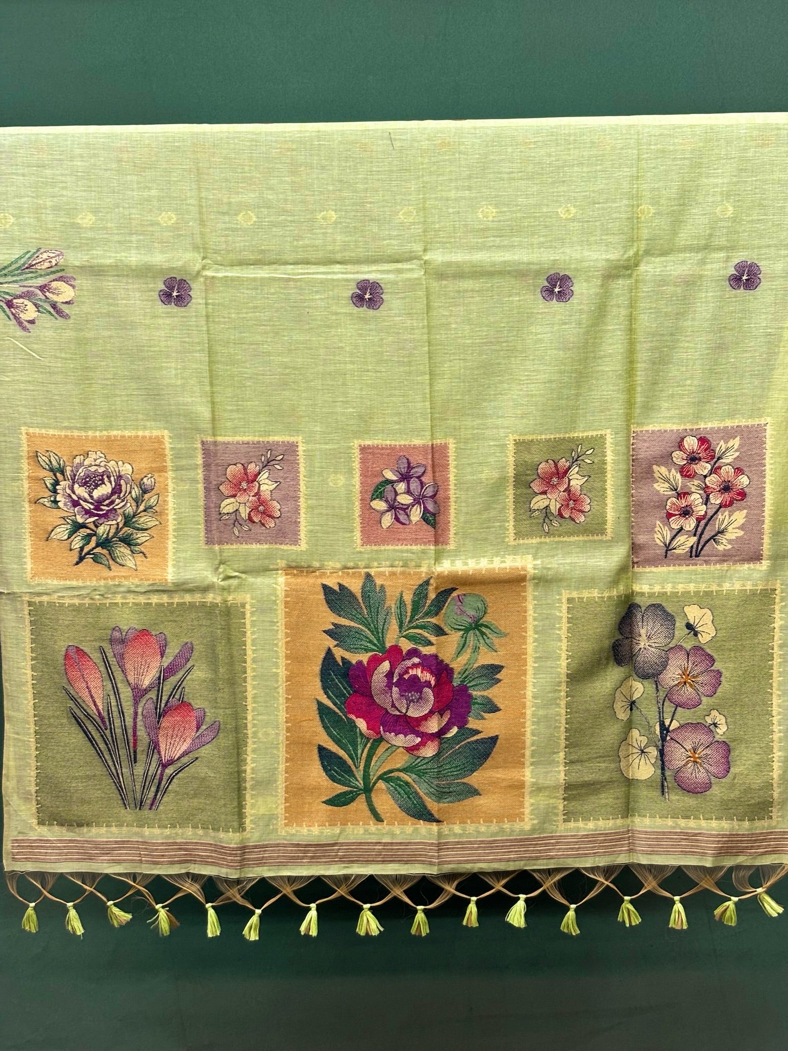 Utsav Banaras 072: Pista Green Jamdani Saree with Artistic Floral Panel Weave &amp; Contrast Blouse