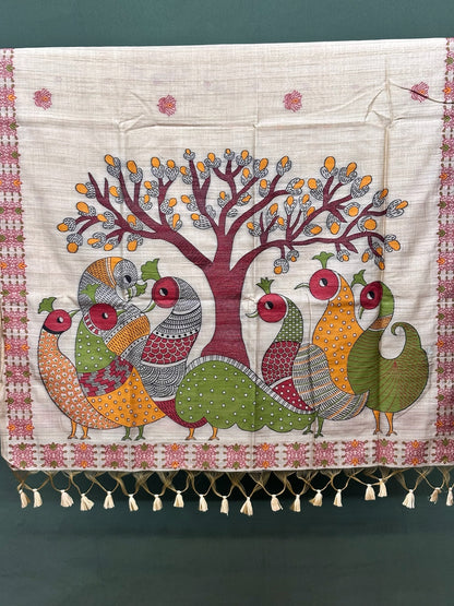 Utsav Banaras 074: Artistic Beige Jamdani Saree with Multicolor Bird &amp; Tree Motif