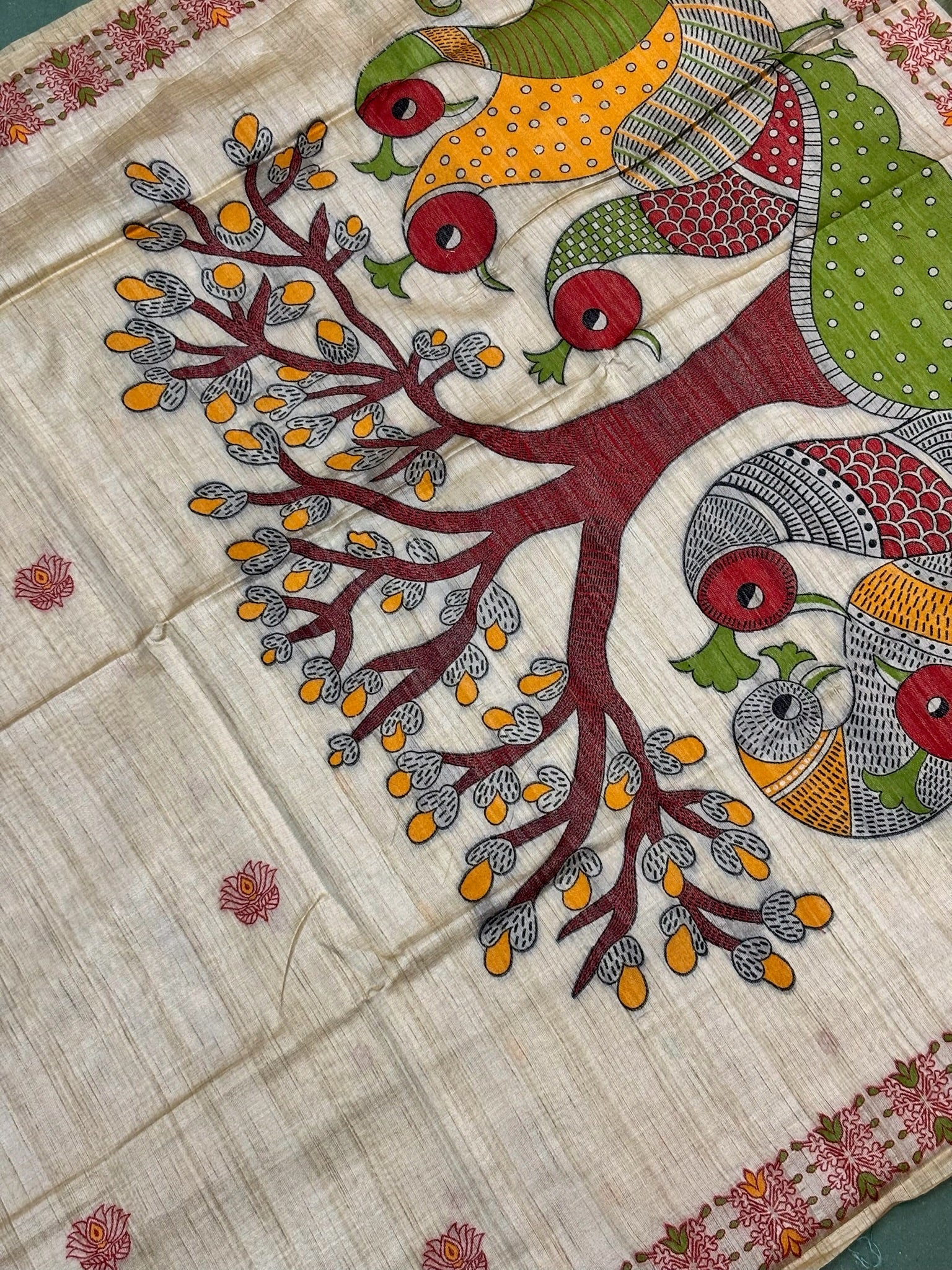 Utsav Banaras 074: Artistic Beige Jamdani Saree with Multicolor Bird &amp; Tree Motif