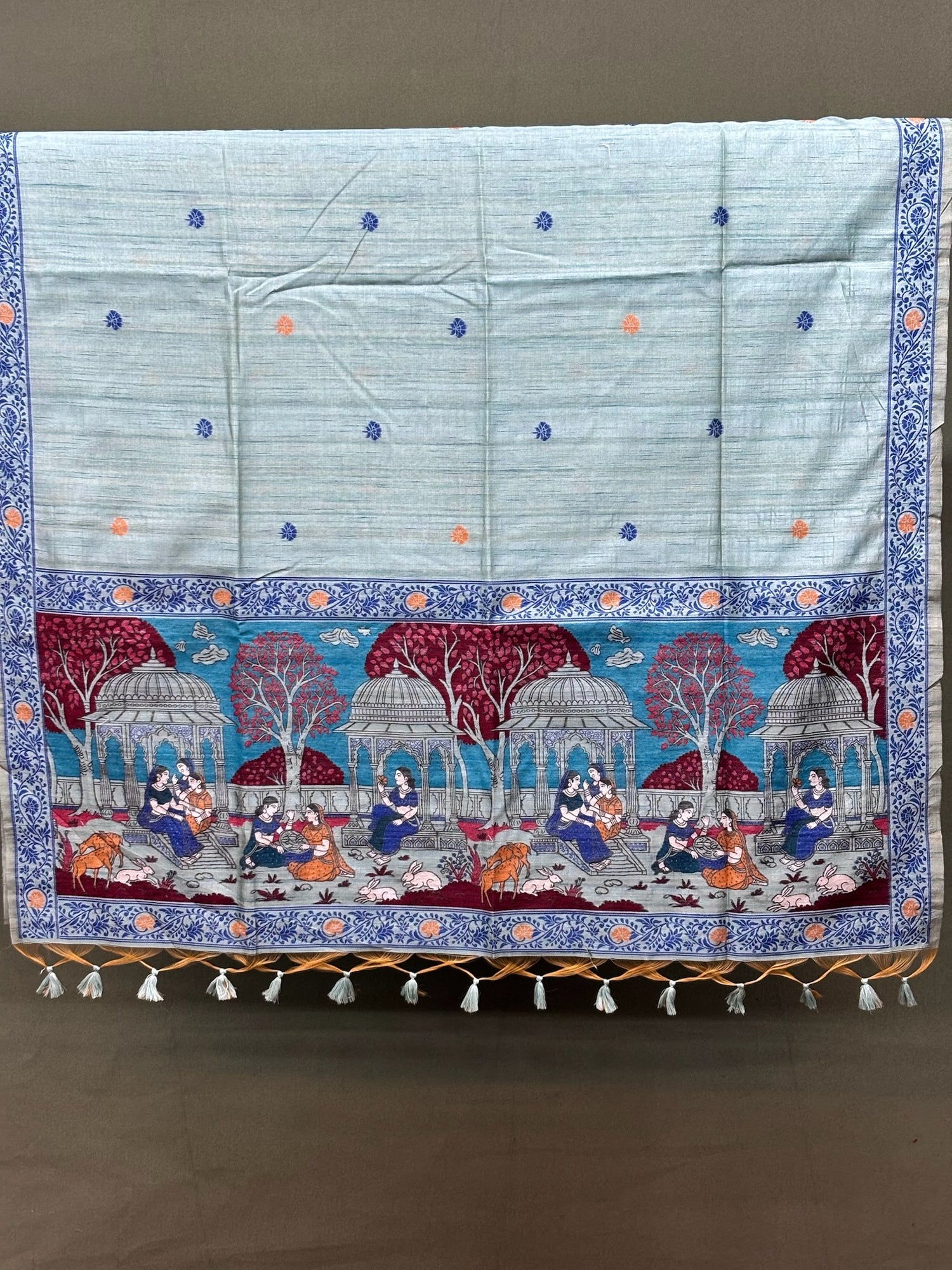 Utsav Banaras 075: Dusty Blue Jamdani Saree with Artistic Heritage Scene Weave