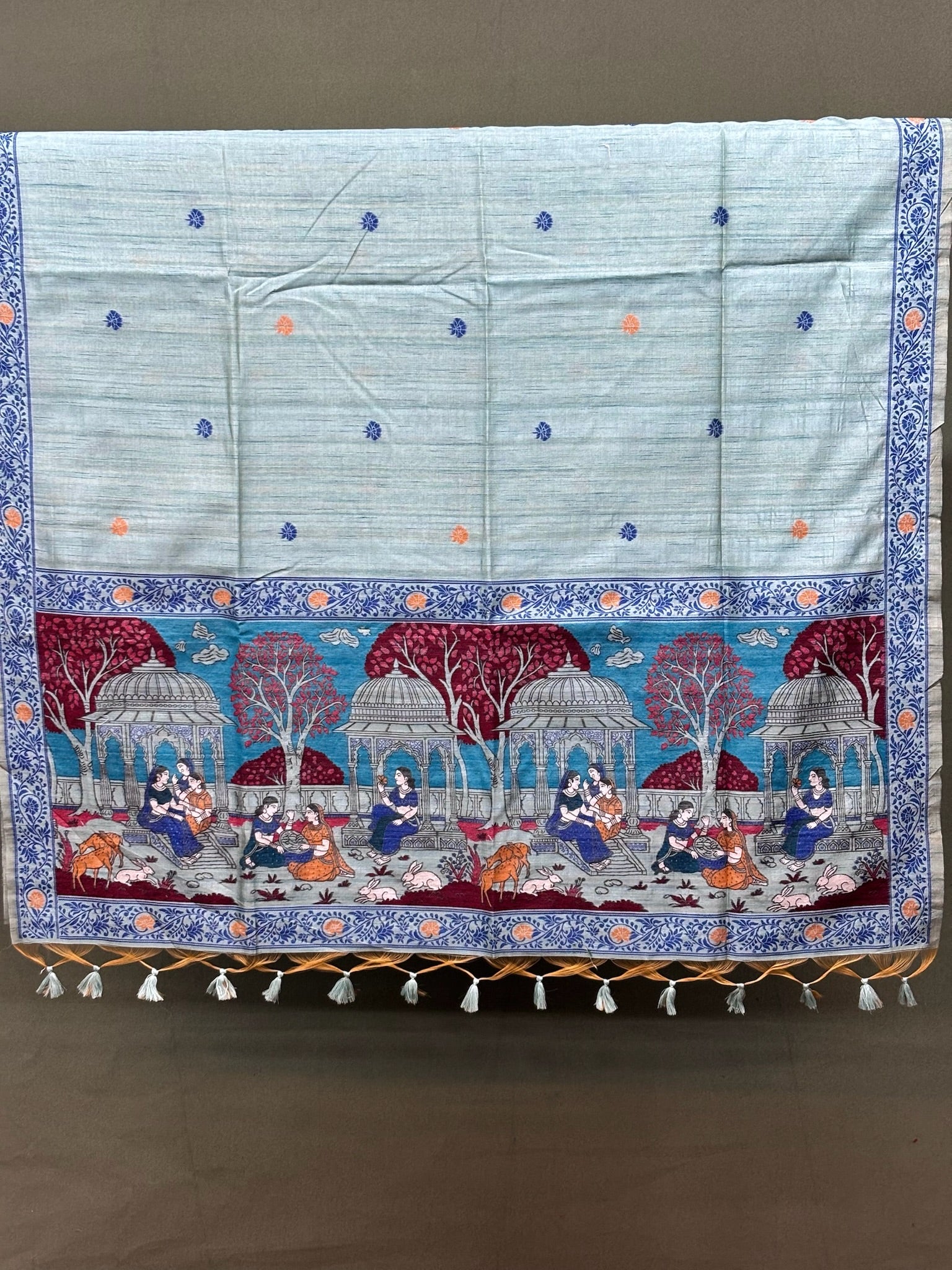 Utsav Banaras 075: Dusty Blue Jamdani Saree with Artistic Heritage Scene Weave