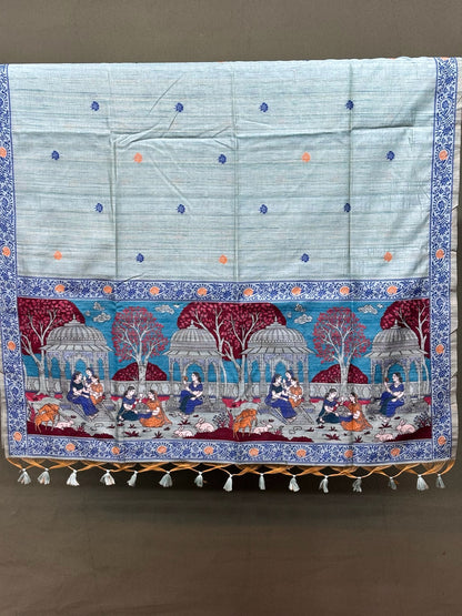 Utsav Banaras 075: Dusty Blue Jamdani Saree with Artistic Heritage Scene Weave