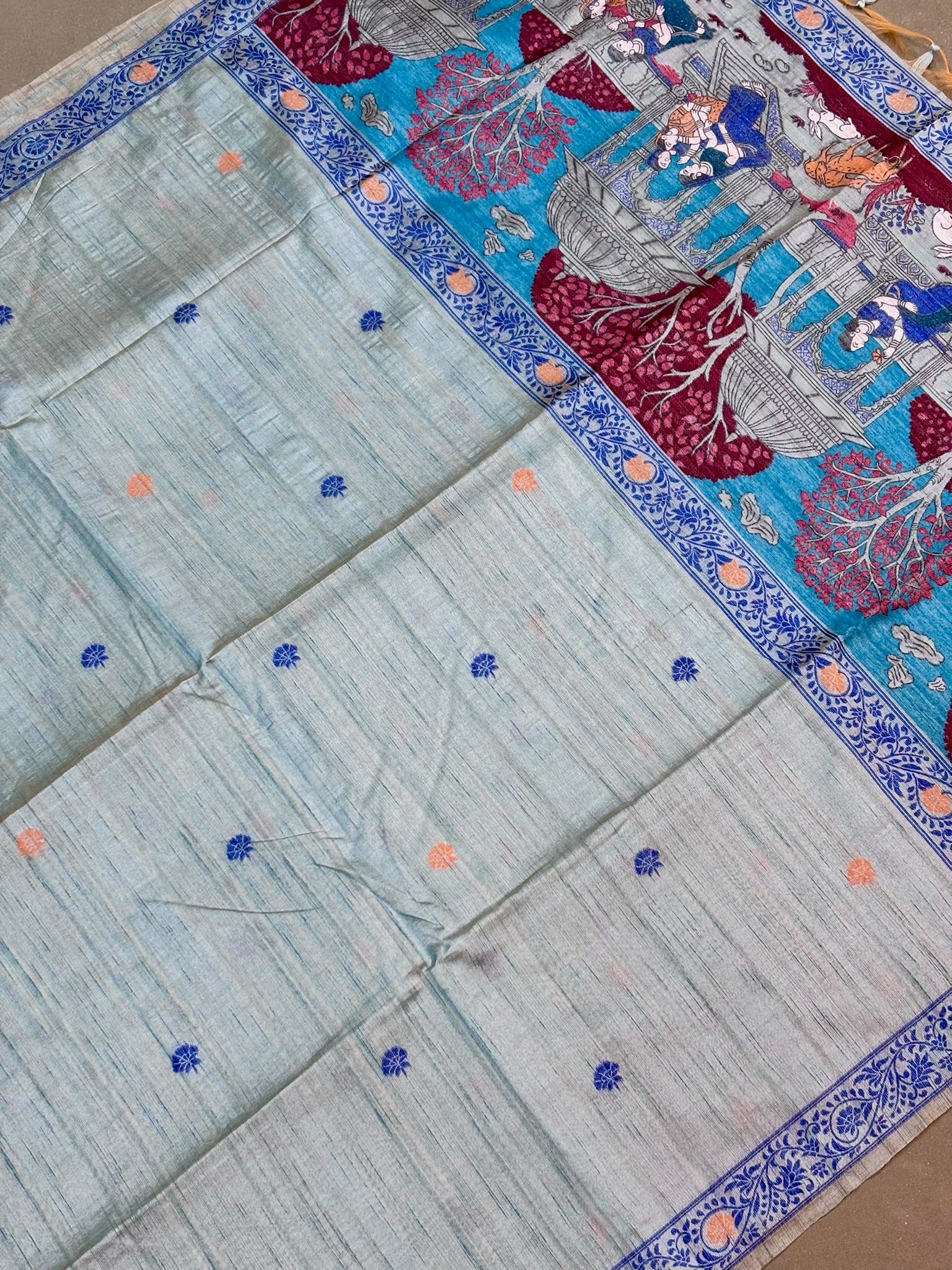 Utsav Banaras 075: Dusty Blue Jamdani Saree with Artistic Heritage Scene Weave
