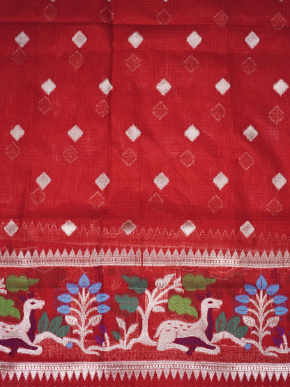 MANSI 179: Deep Red &amp; Lavender Kota Silk Suit Set with Elegant Floral and Bird Motifs