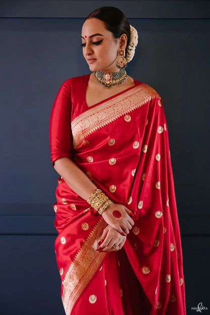 VIRASAT 166:  Pure Fine Handloom Silk Gold Zari Chand Buta Saree – Chatak Red