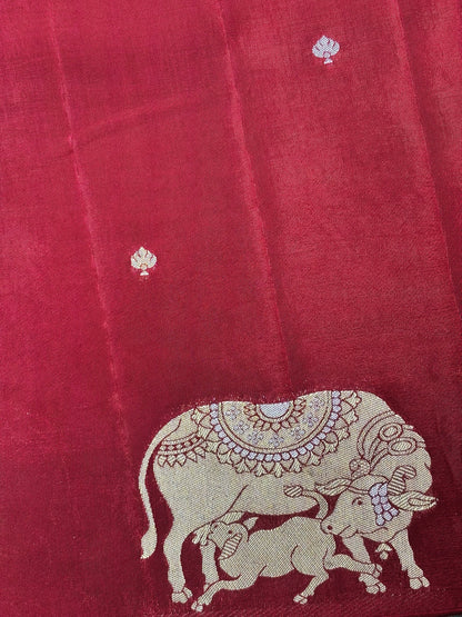 Waah Banaras 155: Maroon Red Mashru Silk Saree with Sona Rupa Zari Buti &amp; Key Feather Elephant Motifs