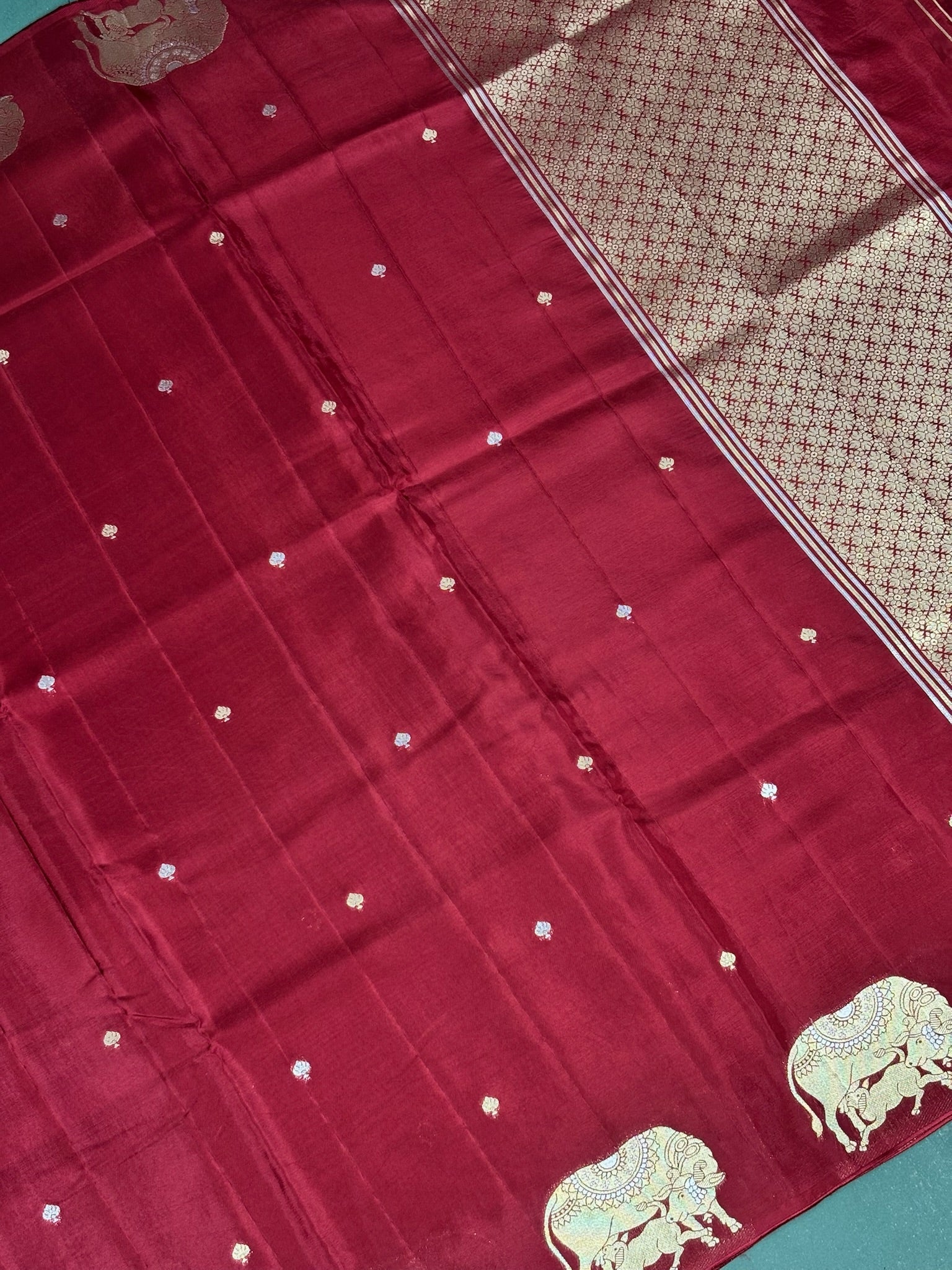 Waah Banaras 155: Maroon Red Mashru Silk Saree with Sona Rupa Zari Buti &amp; Key Feather Elephant Motifs