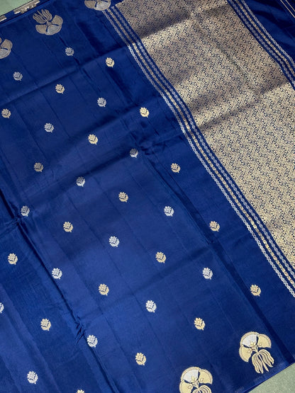 Waah Banaras 153: Royal Indigo Blue Mashru Silk Saree with Sona Rupa Zari Butis &amp; Ornate Border Motifs