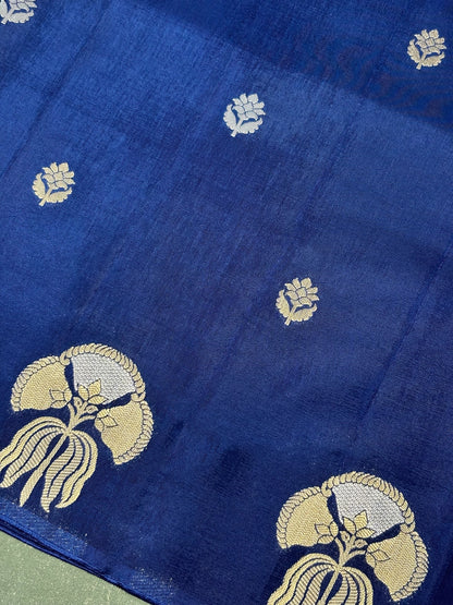 Waah Banaras 153: Royal Indigo Blue Mashru Silk Saree with Sona Rupa Zari Butis &amp; Ornate Border Motifs