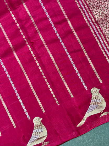 Waah Banaras 157: Pinkish Red Mashru Silk Saree with Sona Rupa Zari Stripes &amp; Key Feather Bird Motifs