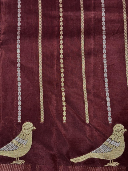 Waah Banaras 158: Elegant Coffee Mashru Silk Saree with Sona Rupa Zari &amp; Bird Motif Border