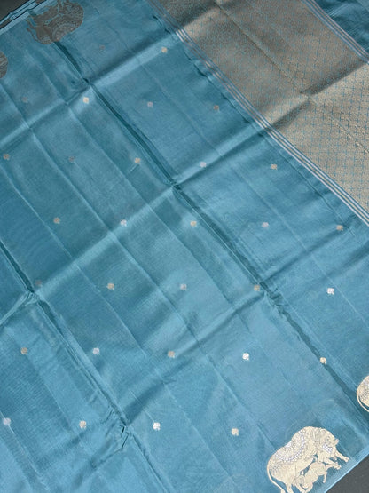 Waah Banaras 156: Graceful Myrtle Green Mashru Silk Saree with Sona Rupa Zari &amp; Nandi Motif Border