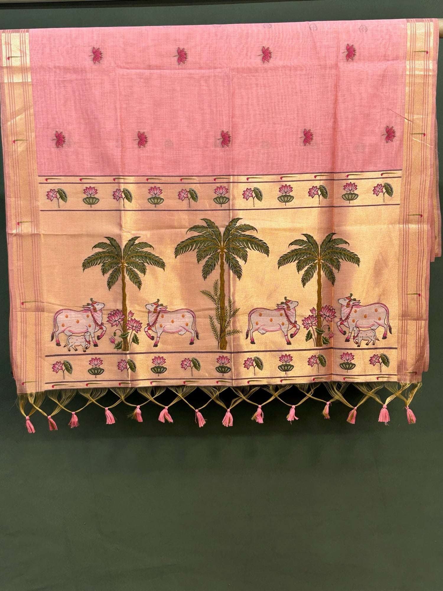 Utsav Banaras 375: Pastel Peach Handwoven Jamdani Saree with Pichwai-Inspired Cow &amp; Lotus Motifs