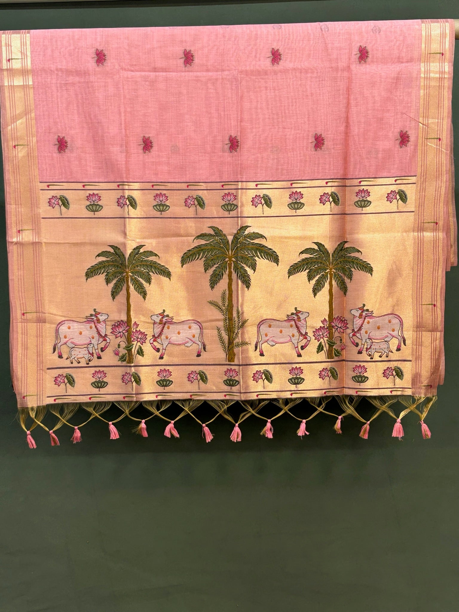 Utsav Banaras 375: Pastel Peach Handwoven Jamdani Saree with Pichwai-Inspired Cow &amp; Lotus Motifs