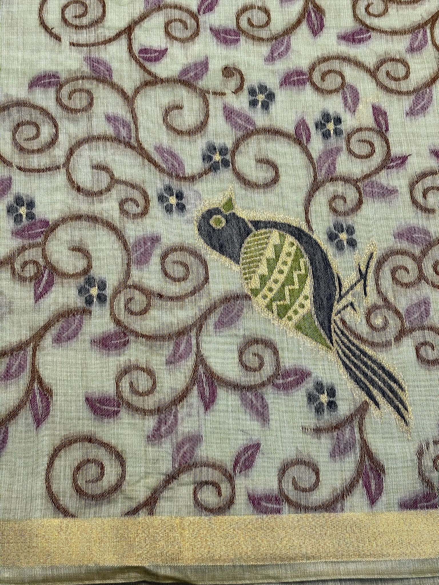 Utsav Banaras 377: Mint Green Handwoven Jamdani Saree with Elegant Bird &amp; Floral Jaal