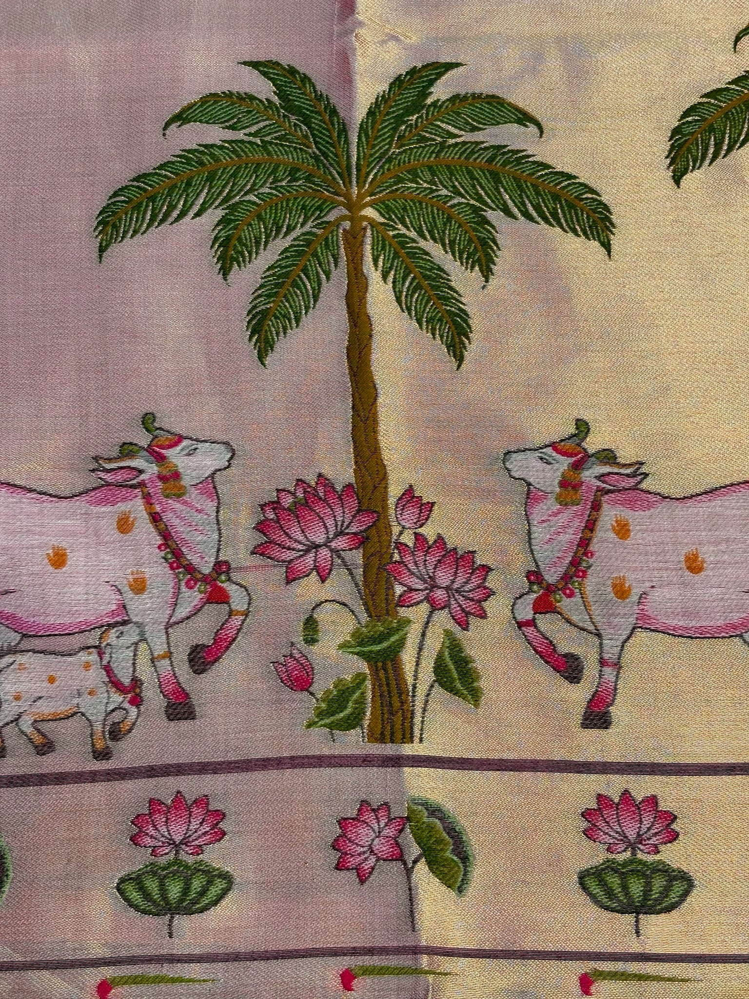 Utsav Banaras 375: Pastel Peach Handwoven Jamdani Saree with Pichwai-Inspired Cow &amp; Lotus Motifs