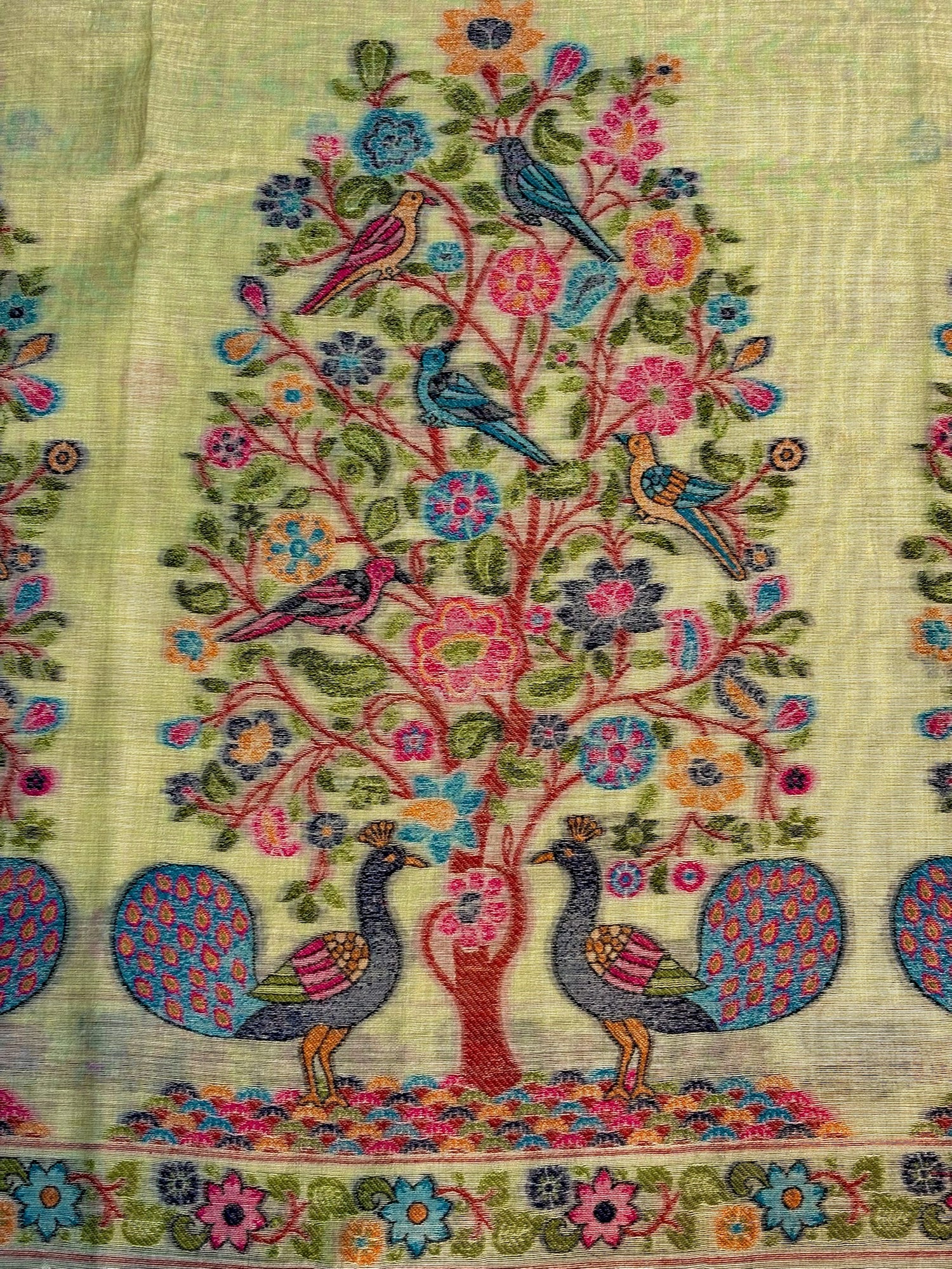 Utsav Banaras 376: Pista Green Handwoven Jamdani Saree with Peacock &amp; Floral Tree Jaal