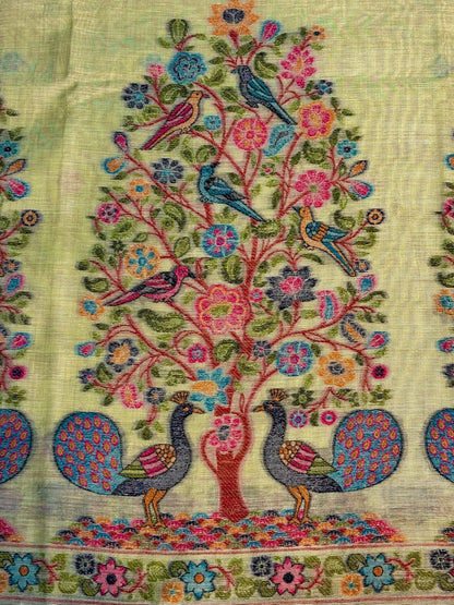 Utsav Banaras 376: Pista Green Handwoven Jamdani Saree with Peacock &amp; Floral Tree Jaal