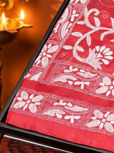VIRASAT 354: Blush Red Pure Tussar Silk Kantha Work Saree | Silk Mark Certified
