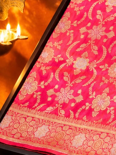 VIRASAT 433C: Gajari Pink Dual Tone Pure Katan Silk Alfi Saree with Sona Rupa Zari Floral Jaal &amp; Zari Border | Silk Mark Certified