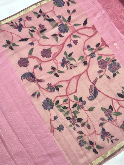 Utsav Banaras 455: Blush Pink Cotton Saree with Multicolor Resham Bird &amp; Floral Work