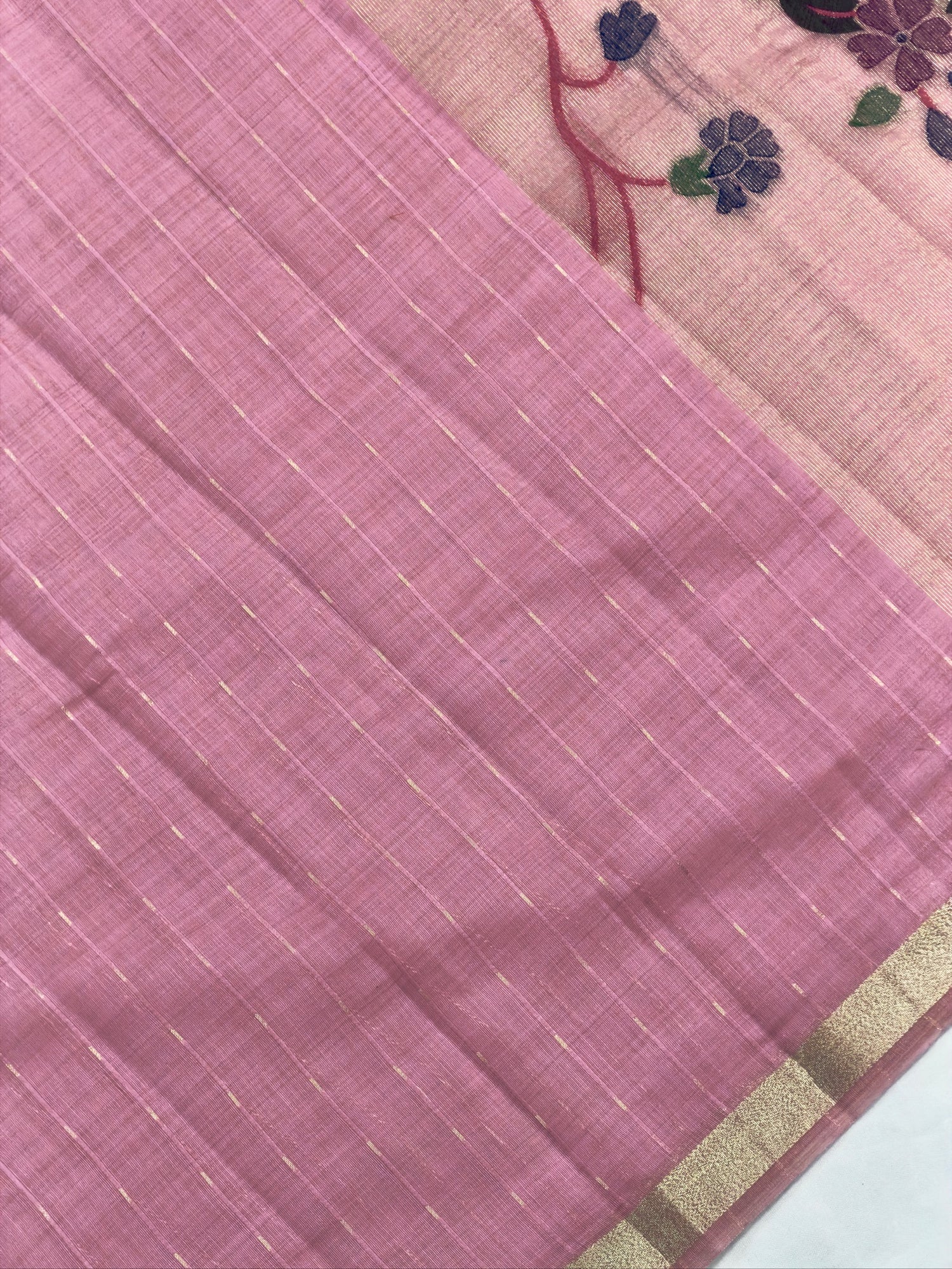 Utsav Banaras 455: Blush Pink Cotton Saree with Multicolor Resham Bird &amp; Floral Work