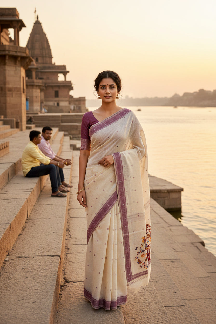 UTSAV BANARAS 465: Off White Cotton Saree with Multicolor Resham Tree of Life &amp; Bird Motif