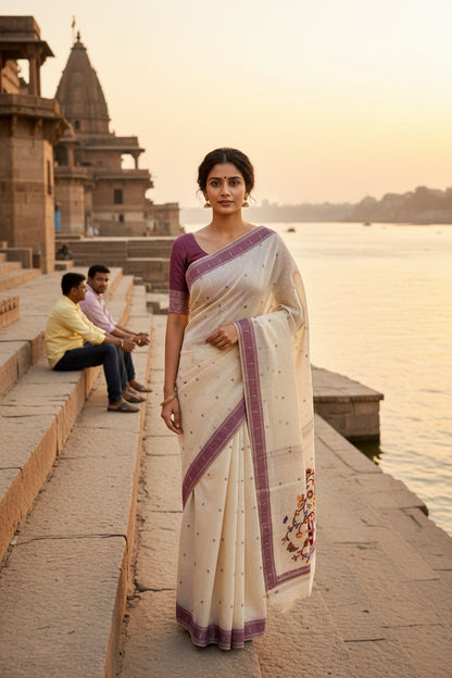 UTSAV BANARAS 465: Off White Cotton Saree with Multicolor Resham Tree of Life &amp; Bird Motif