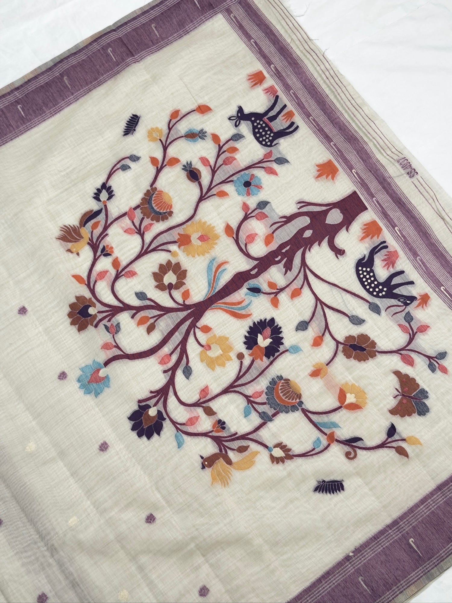UTSAV BANARAS 465: Off White Cotton Saree with Multicolor Resham Tree of Life &amp; Bird Motif