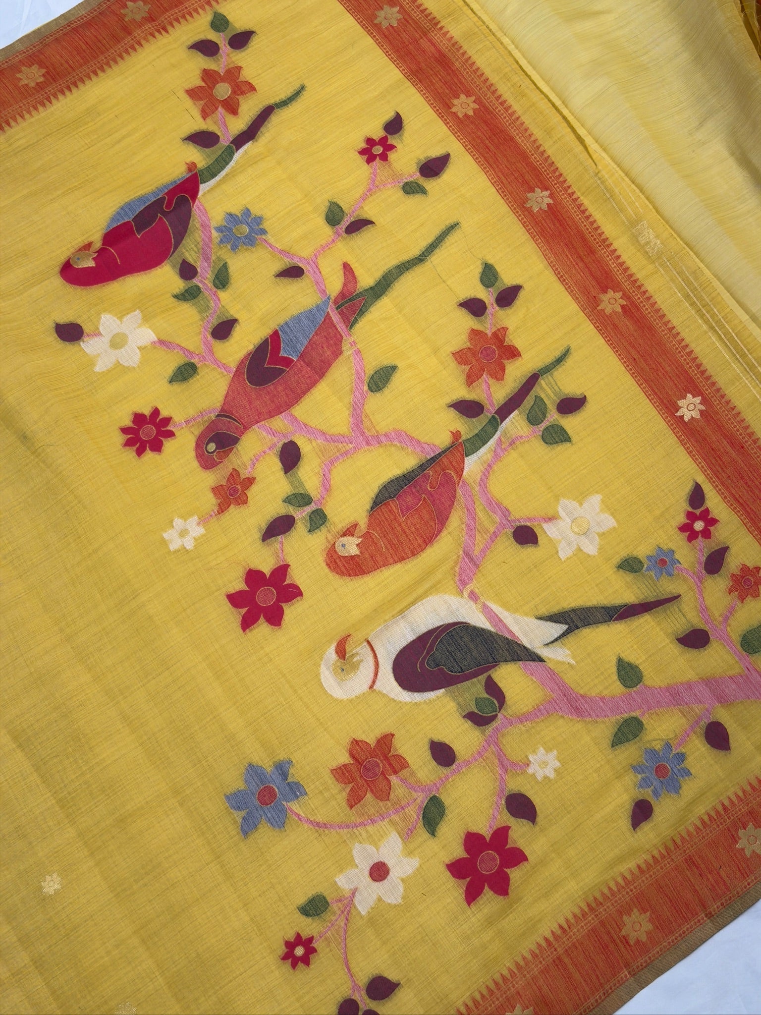 Utsav Banaras 454: Sunshine Yellow Cotton Saree with Multicolor Resham Bird &amp; Floral Work