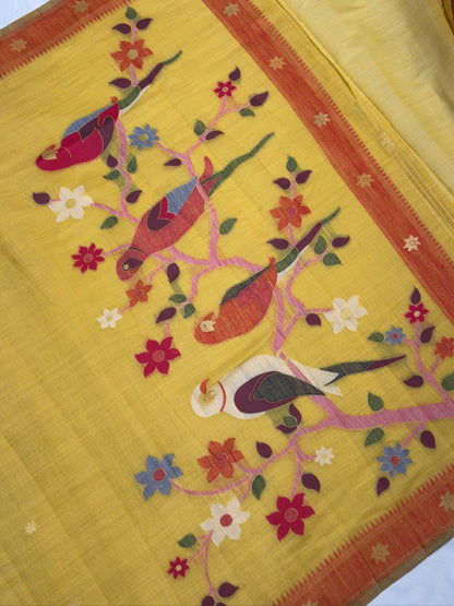 Utsav Banaras 454: Sunshine Yellow Cotton Saree with Multicolor Resham Bird &amp; Floral Work