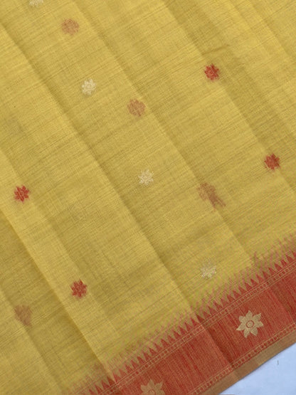 Utsav Banaras 454: Sunshine Yellow Cotton Saree with Multicolor Resham Bird &amp; Floral Work