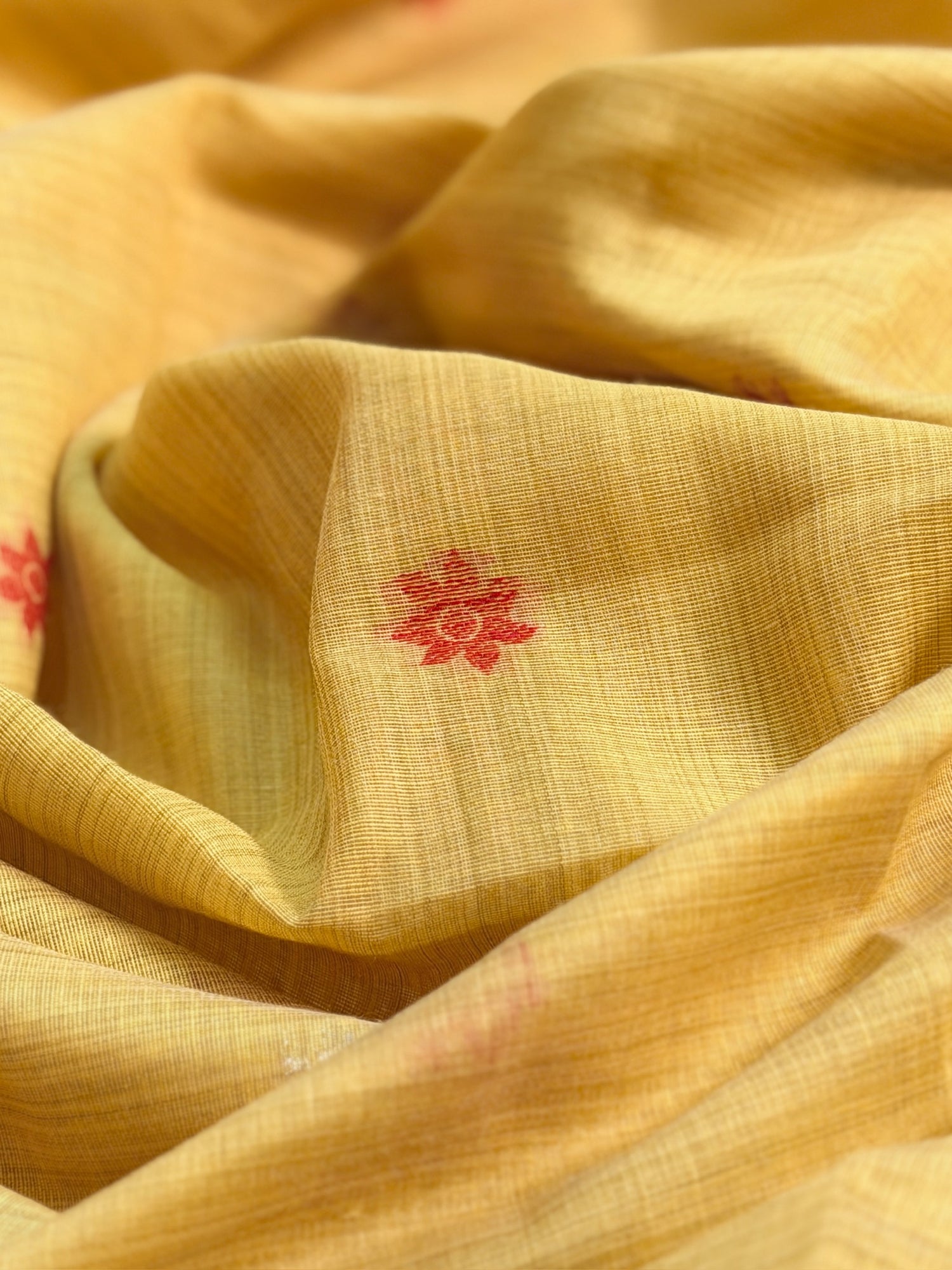 Utsav Banaras 454: Sunshine Yellow Cotton Saree with Multicolor Resham Bird &amp; Floral Work